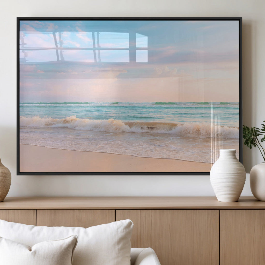 Serene Ocean Waves Wall Art Canvas Print, Pastel Sky Over a Soft Sand Beach