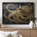 Octopus Wall Art Canvas Print, Gold Detail Octopus on Wooden Plank Background