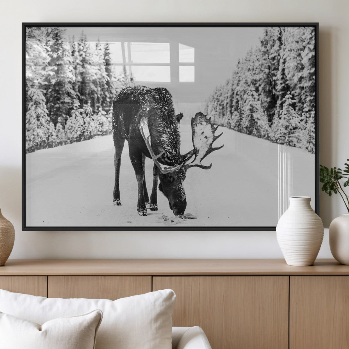Moose Wall Art Canvas Print, Winter Moose with Antlers in a Snowy Forest