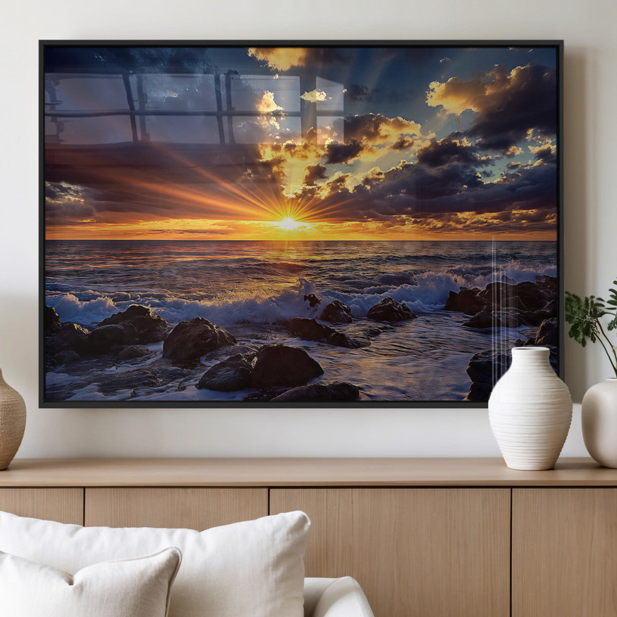 Sunset Ocean Wall Art Canvas Print, Waves on a Rocky Shore Under Dramatic Sky