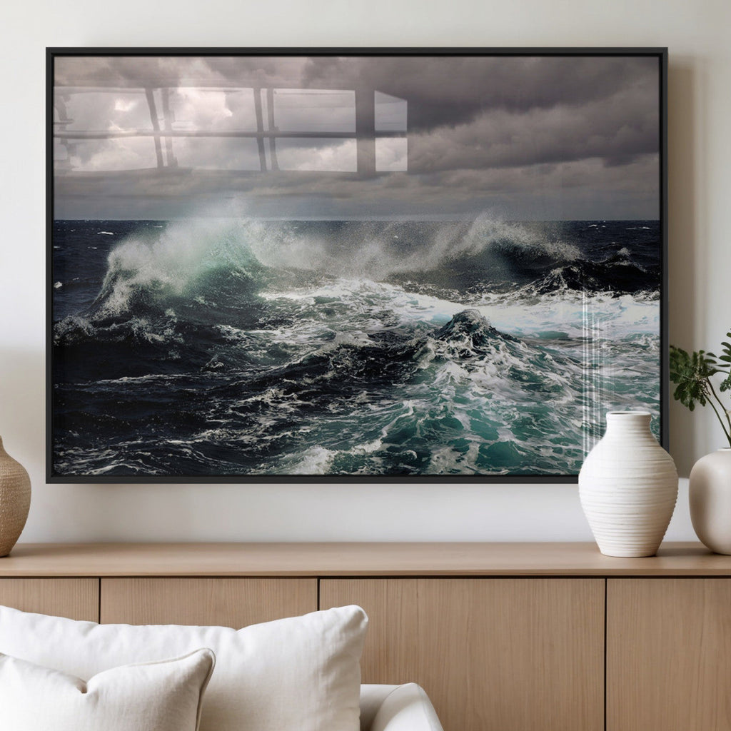 Stormy Ocean Waves Canvas Wall Art, Framed Turbulent Sea Nature Print