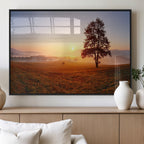 Golden Sunrise Landscape Canvas Wall Art, Framed Misty Field Nature Print