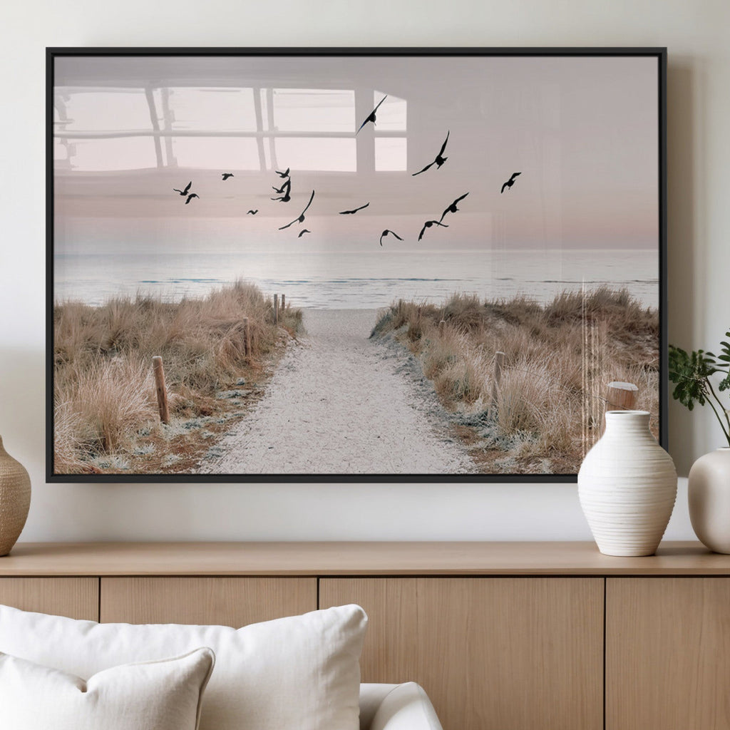 Coastal Pathway Canvas Wall Art Print, Framed Seaside Landscape with Beach and Birds