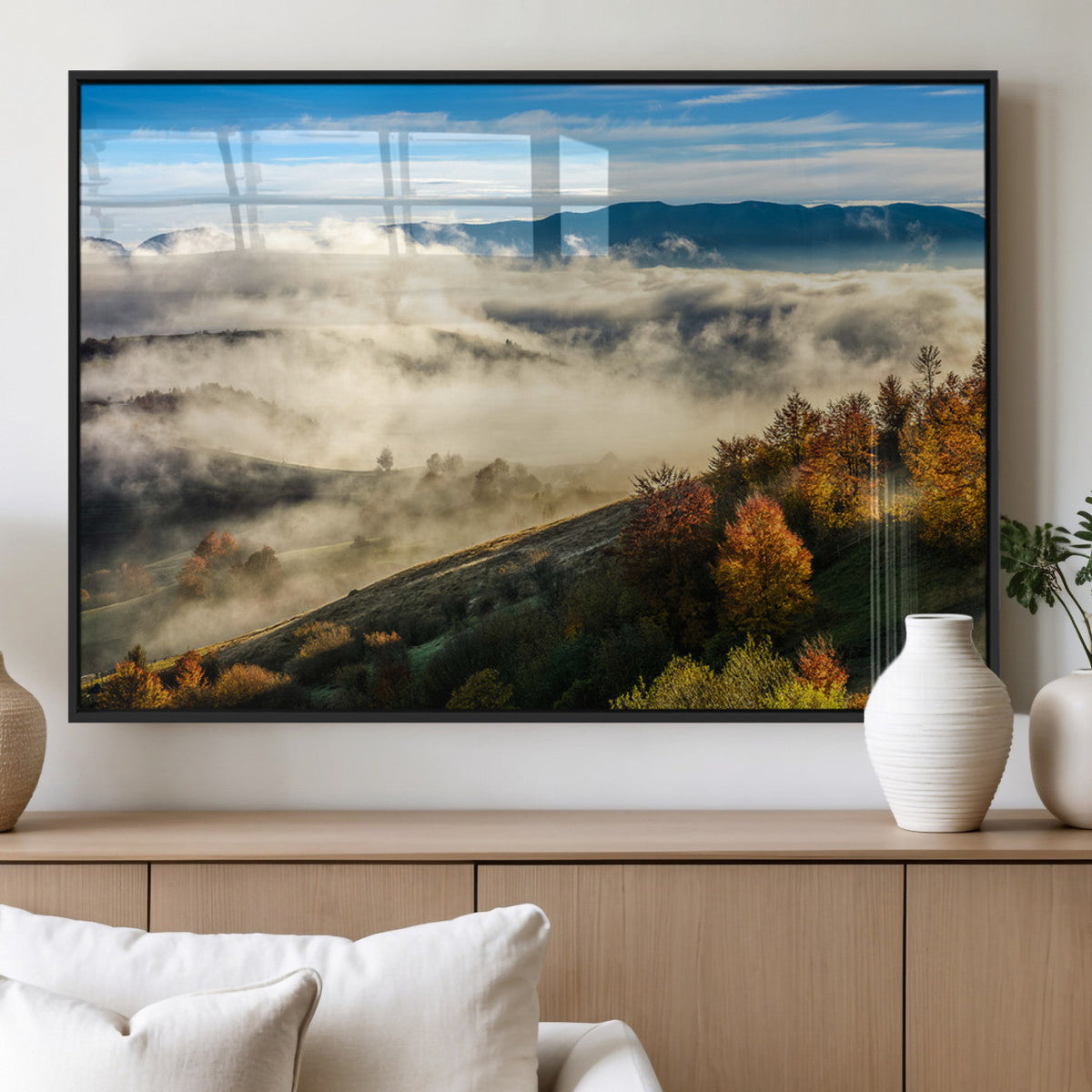 Misty Autumn Hills Wall Art Canvas Print, Foggy Forest Landscape with Fall Foliage