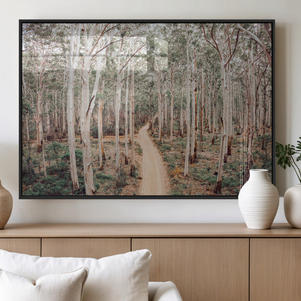 Forest Dirt Road Wall Art Canvas Print, Scenic Woodland Pathway with Tall Trees