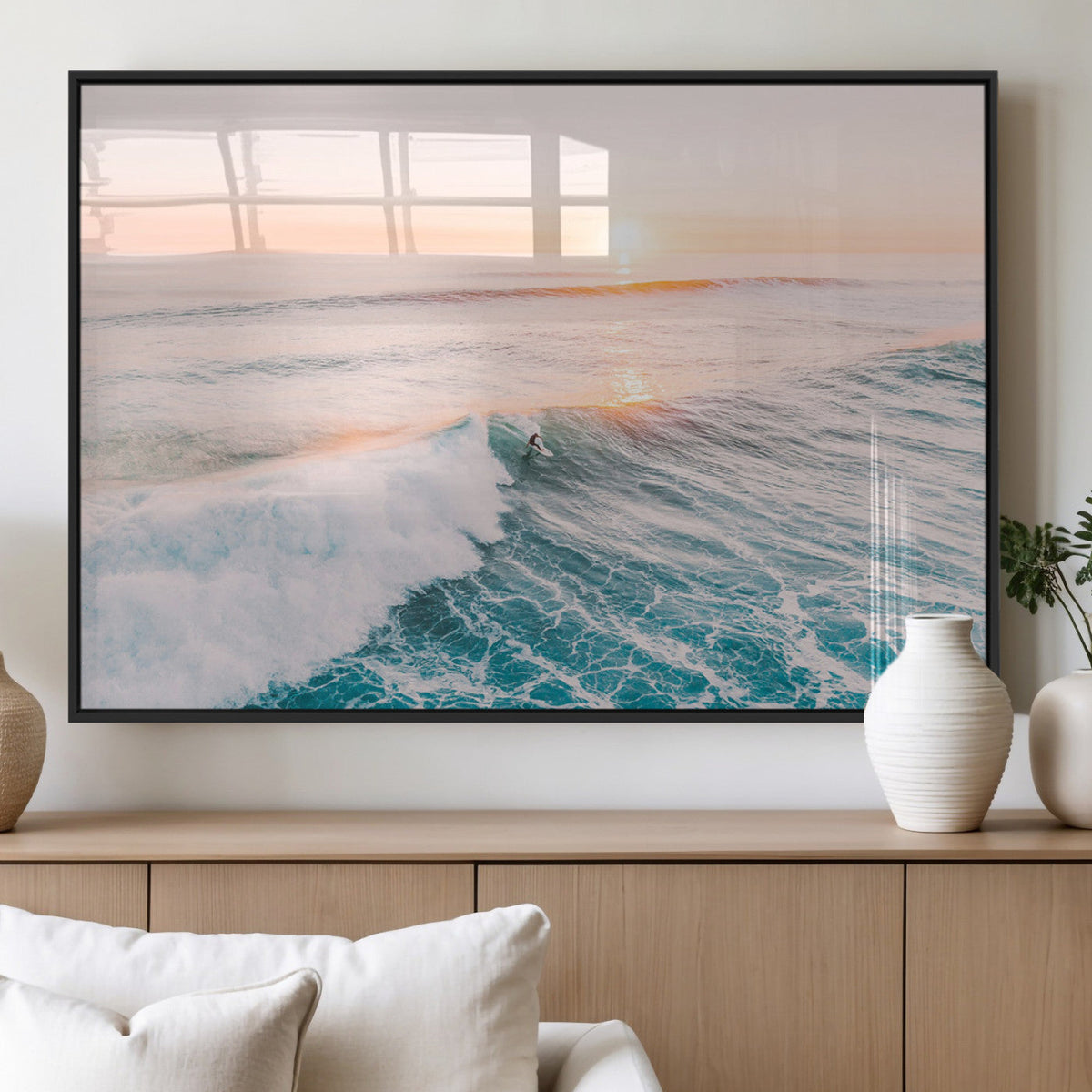 Sunset Surfing Wall Art Canvas Print, Ocean Wave Surfer with Golden Sky