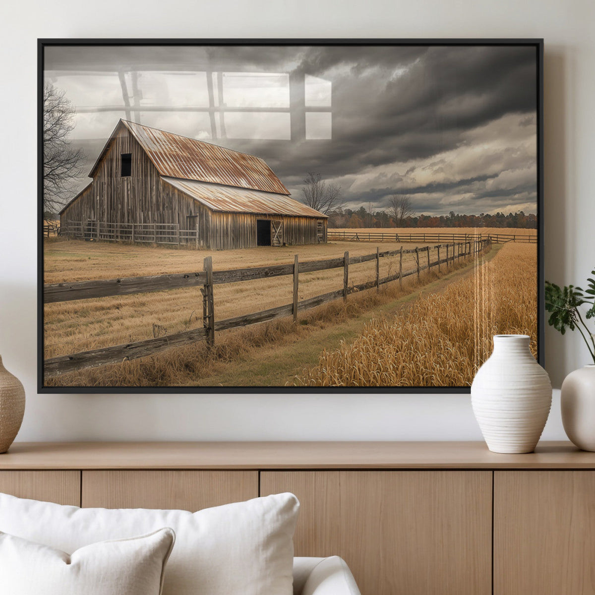 Rustic Farm Barn Wall Art Canvas Print, Stormy Sky Country Decor