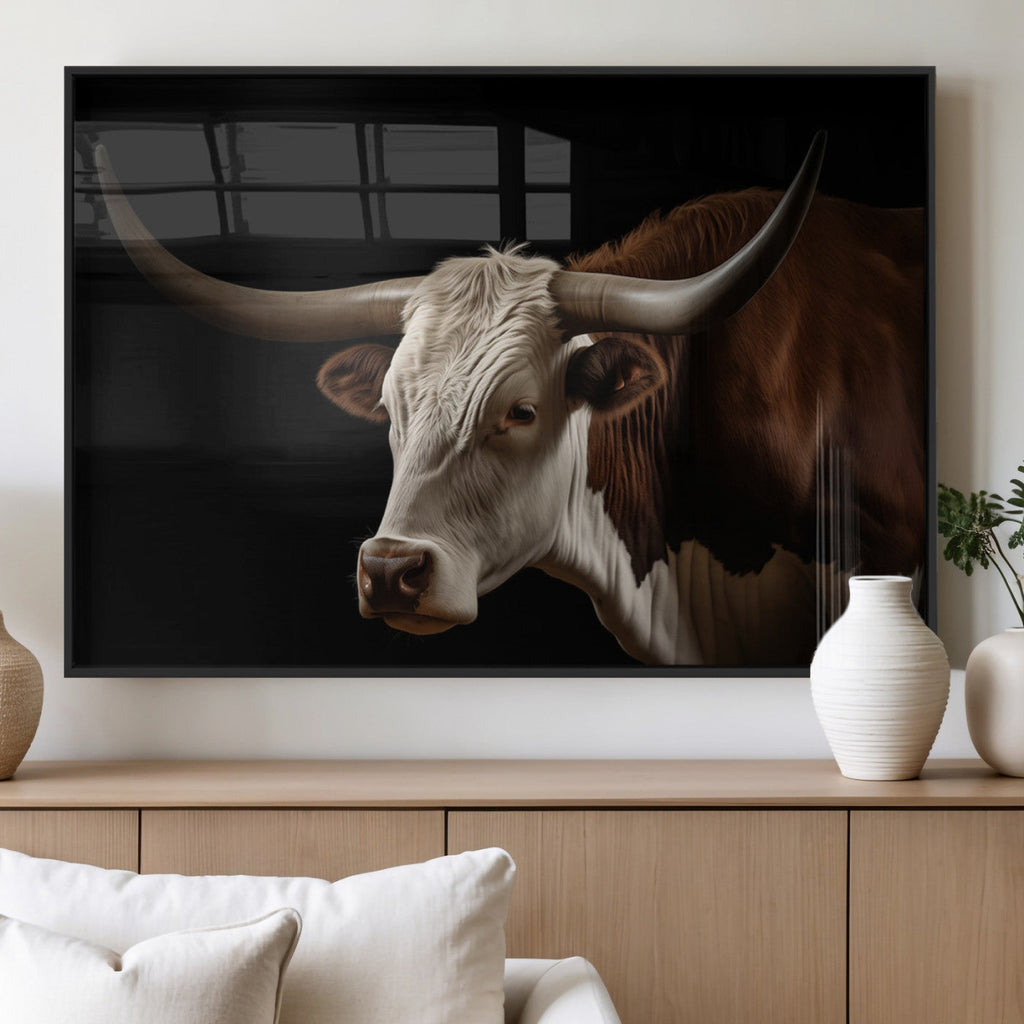 Texas Longhorn Bull Canvas Wall Art, Rustic Western Farmhouse Decor