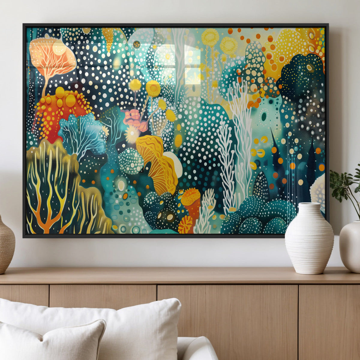Luminous Abstract Ocean Garden Wall Art Canvas Print, Vibrant Coral Reef Marine Life