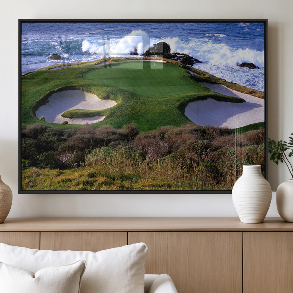 Ocean Cliff Golf Course Wall Art Canvas Print, Waves Crashing, Coastal Golf Landscape