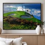 Coastal Golf Course Wall Art Canvas Print, Vibrant Green with Sand Bunkers and Ocean Waves
