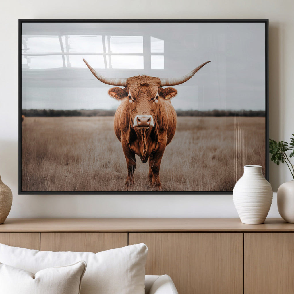 Longhorn Bull Wall Art Canvas Print, Framed Rustic Decor