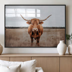Longhorn Bull Wall Art Canvas Print, Framed Rustic Decor