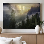 Misty Forest Sunrise Wall Art Canvas Print, Framed Mountain Valley Pine Trees