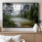 Misty Lake Forest Wall Art, Green Trees and Calm Water Reflection, Mountain Fog Landscape Canvas
