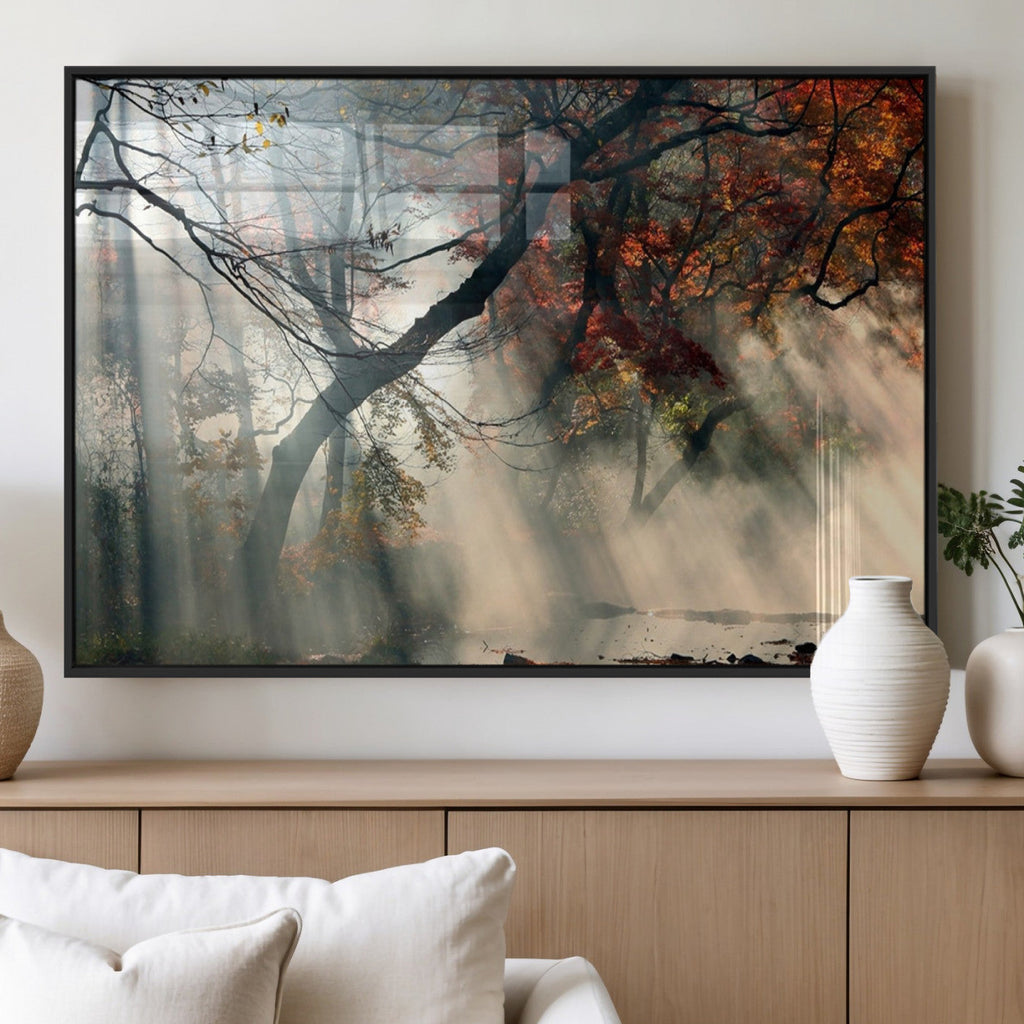 Sunlit Autumn Forest Wall Art, Misty Trees with Sun Rays, Peaceful Fall Landscape Canvas Print