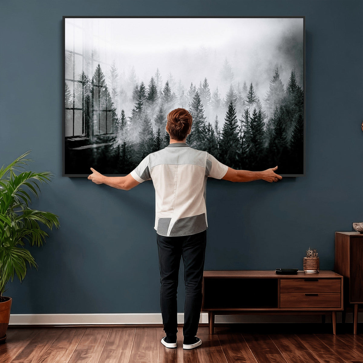 Foggy Forest Wall Art Canvas Print, Mountain Woodland Landscape, Minimal Nature Decor