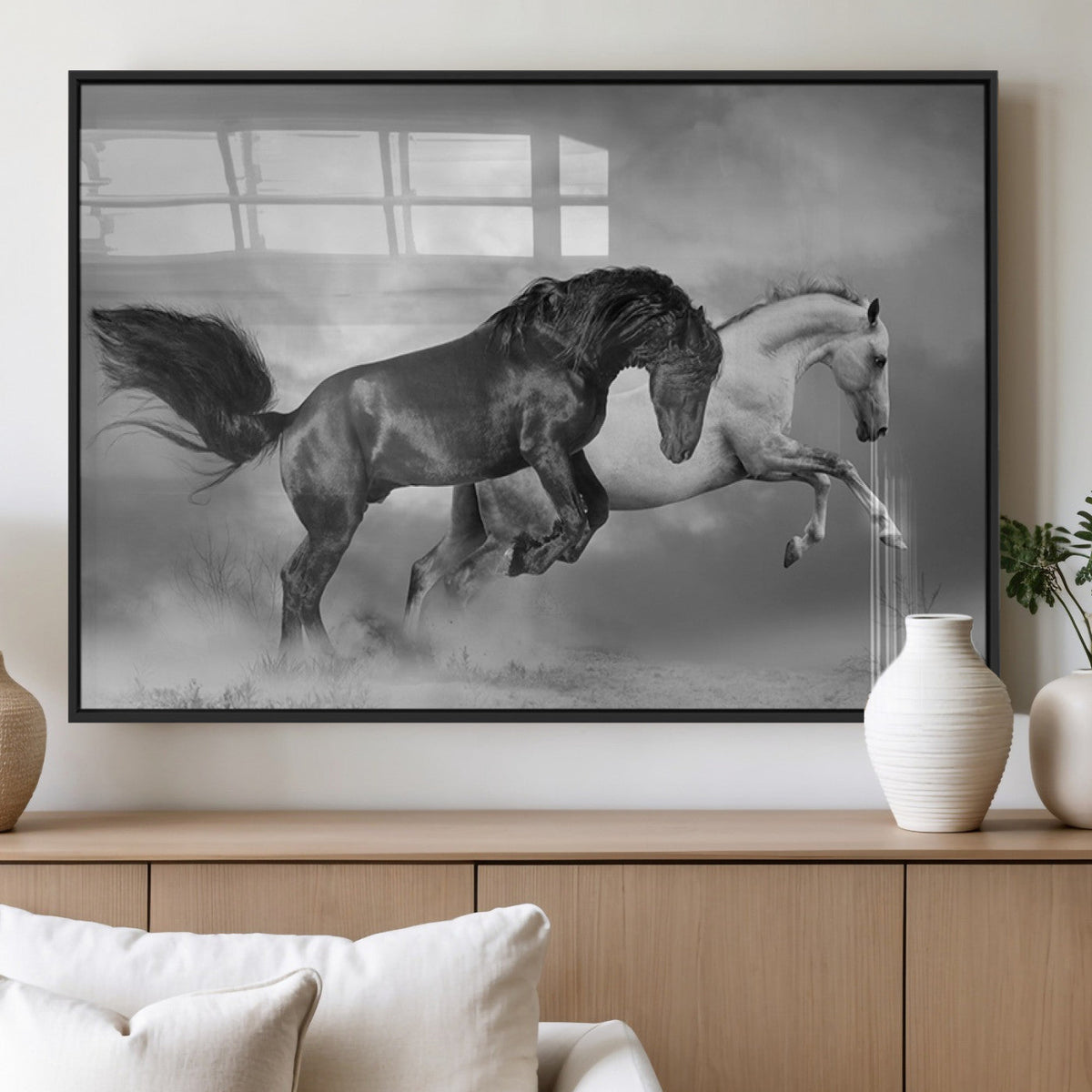 Wild Horses Wall Art Canvas Print, Framed Black and White Galloping Horses