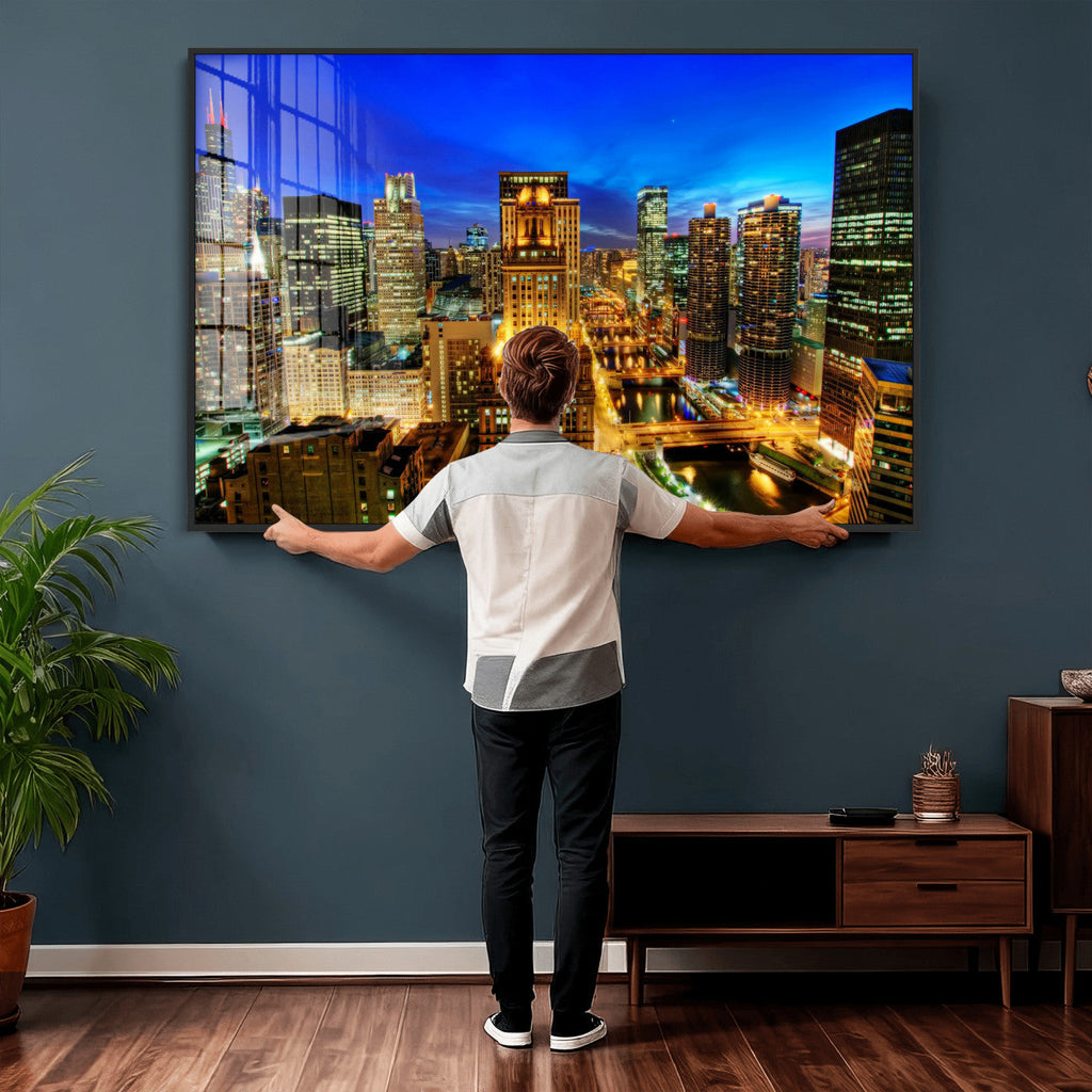 Chicago Wall Art Canvas Print - Chicago City Downtown Night Cityscape