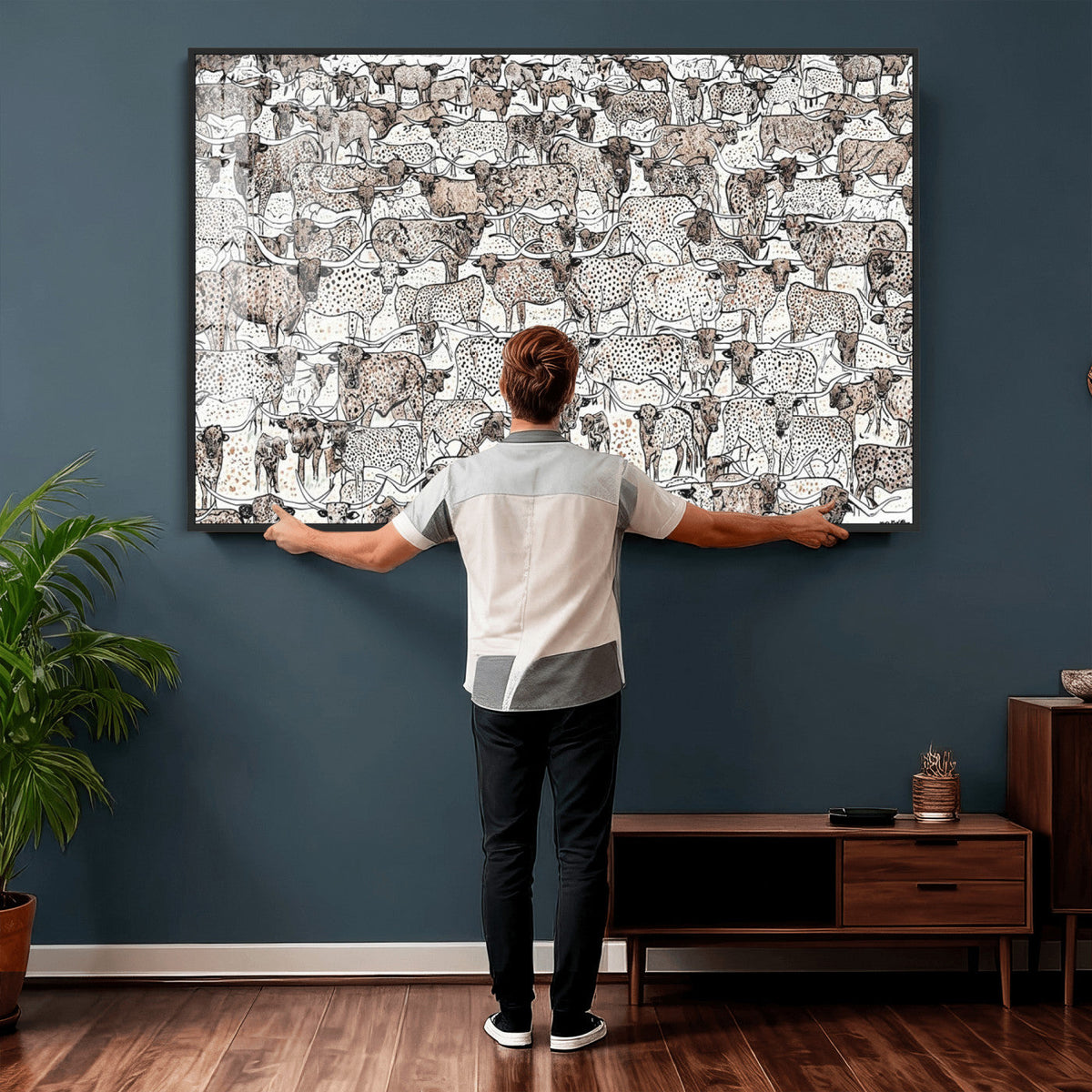 Abstract Texas Cow Wall Art Canvas Print, Farm Longhorn Art for Cabin Decor