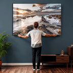Rocky Coast Ocean Sunset Wall Art Canvas Print, Dramatic Seascape Nature Decor
