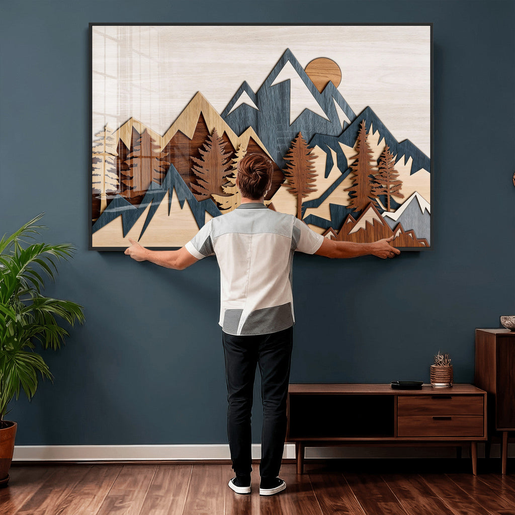 Layered Wooden Mountain Wall Art Canvas Print, Modern Rustic Forest and Pine Landscape
