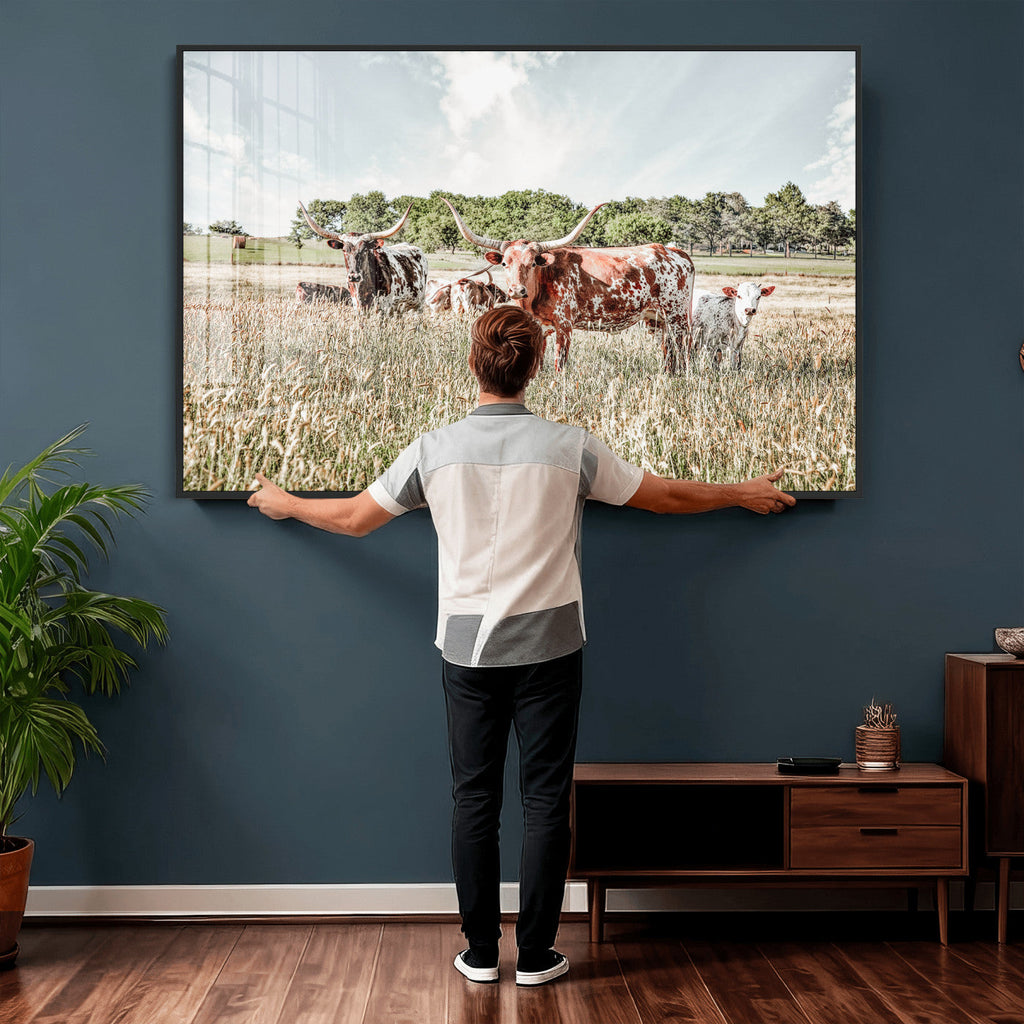 Texas Longhorn Cattle Wall Art Canvas Print, Western Ranch Landscape Decor
