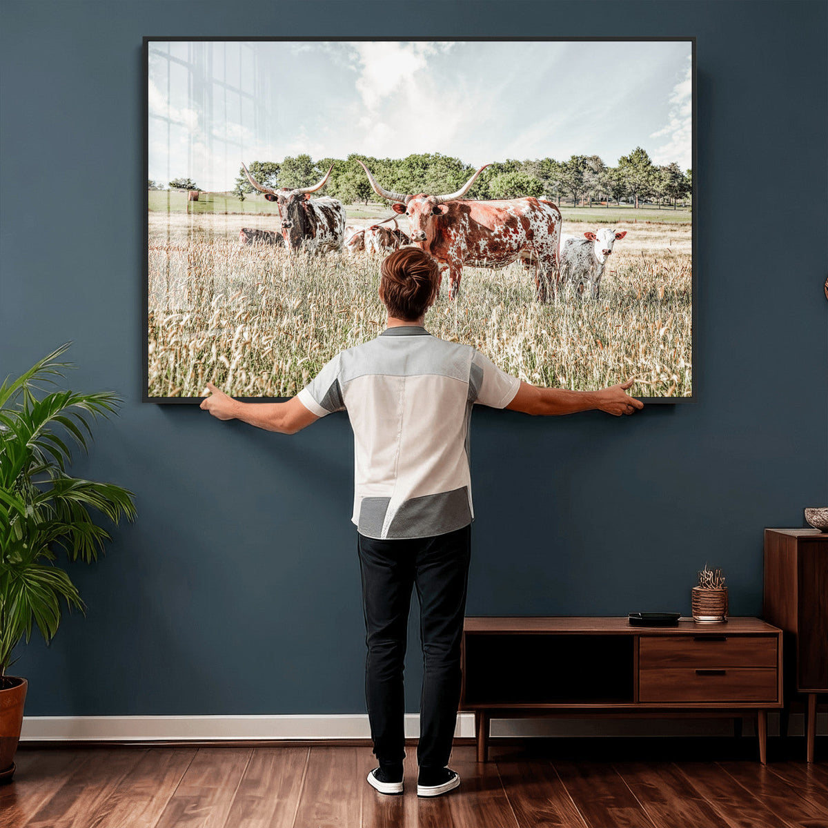 Texas Longhorn Cattle Wall Art Canvas Print, Western Ranch Landscape Decor