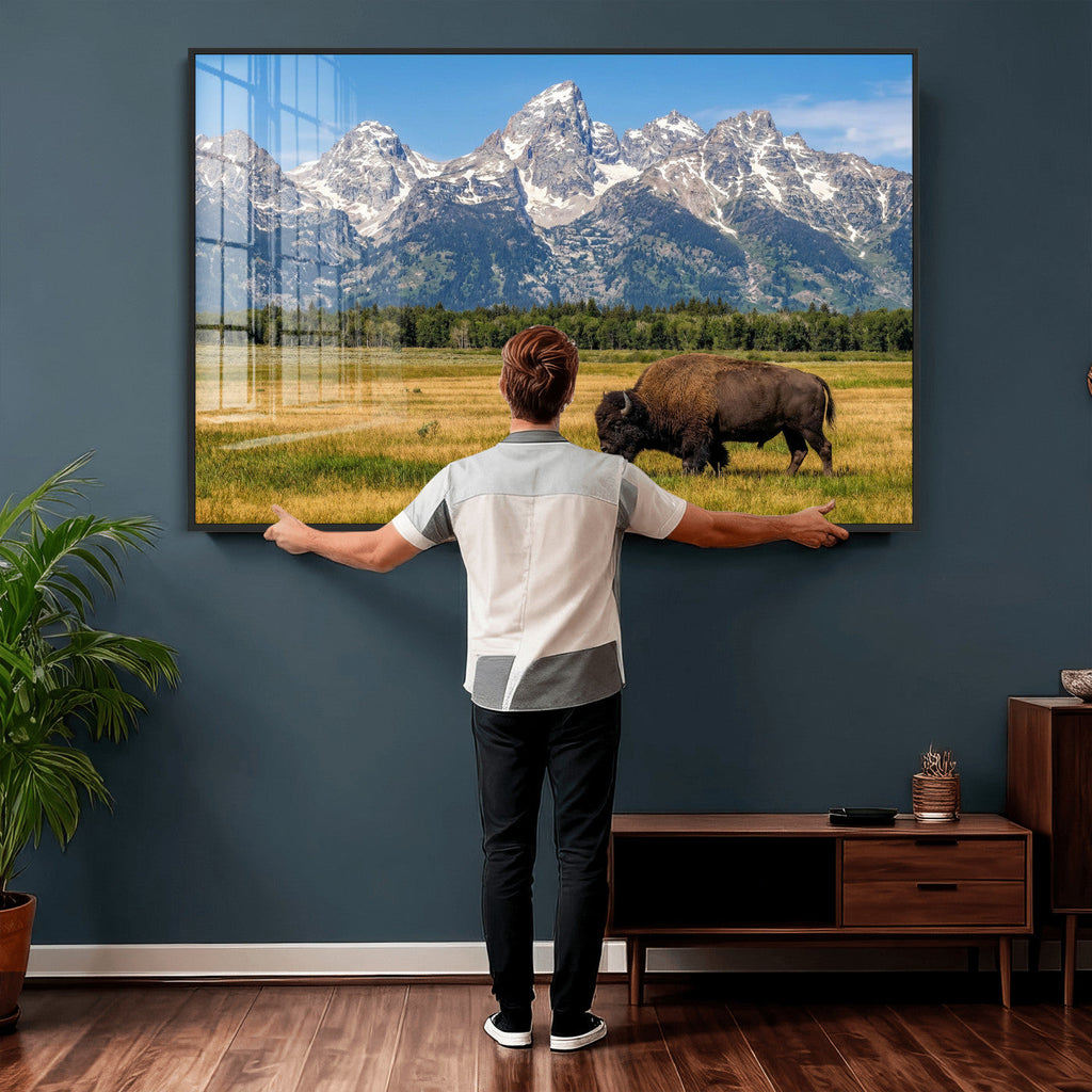 Bison in Mountain Landscape Wall Art Canvas Print, Western Decor
