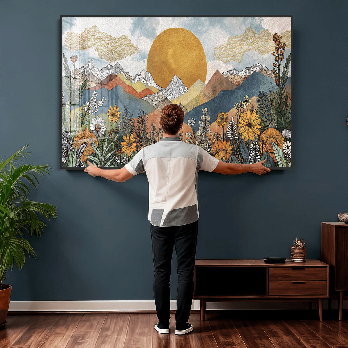 Boho Mountain Landscape Large Wall Art, Horizontal Gold Sun and Flowers Print
