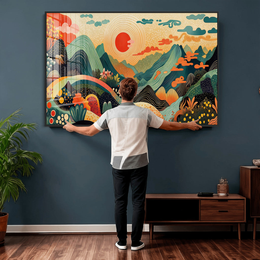 Yayoi Kusama Boho Mountain Landscape Large Wall Art, Gold Sun and Flowers Print
