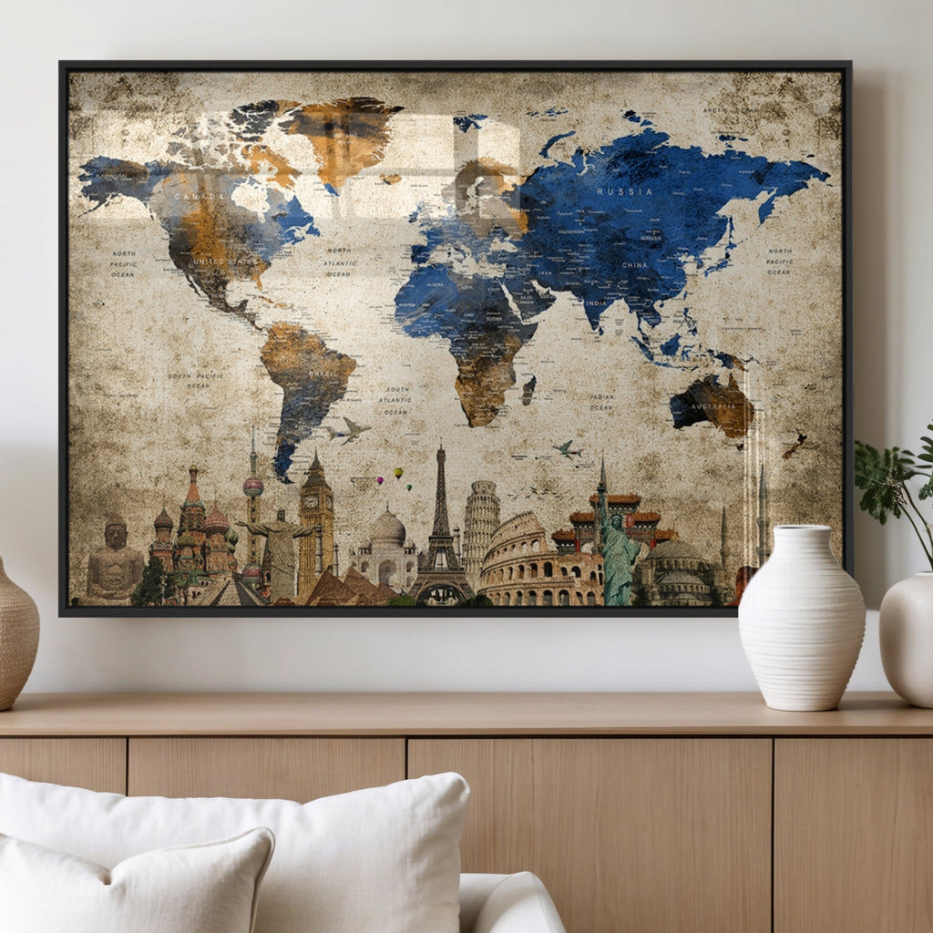World Map Canvas Print | Vintage Blue and Gold World Map Wall Art