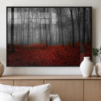 Red Forest Floor Canvas Wall Art | Mystical Foggy Woodland Triptych
