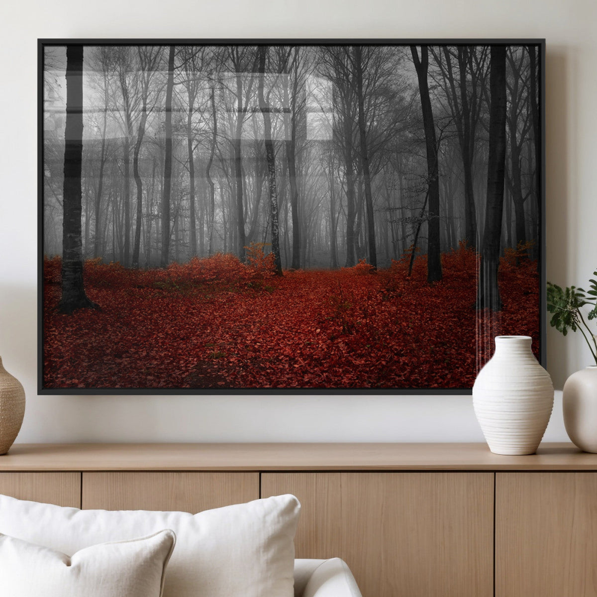 Red Forest Floor Canvas Wall Art | Mystical Foggy Woodland Triptych