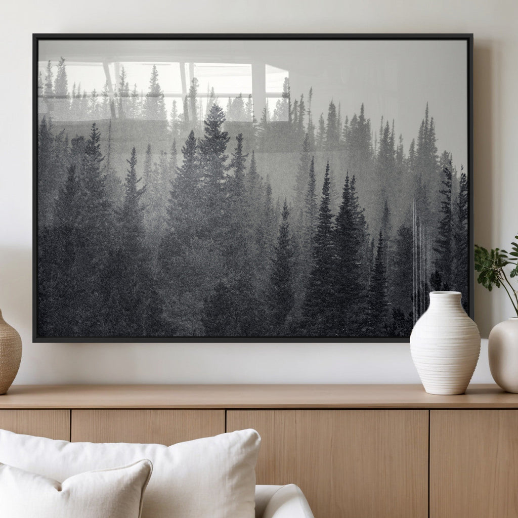 Misty Forest Canvas Wall Art | Monochrome Triptych Pine Tree Print