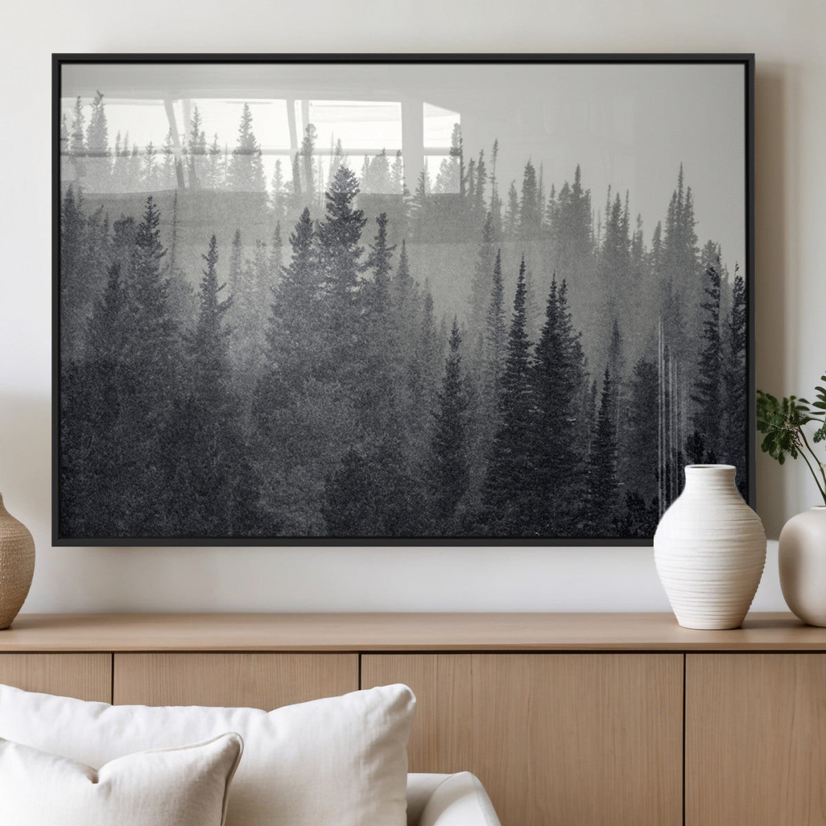 Misty Forest Canvas Wall Art | Monochrome Triptych Pine Tree Print