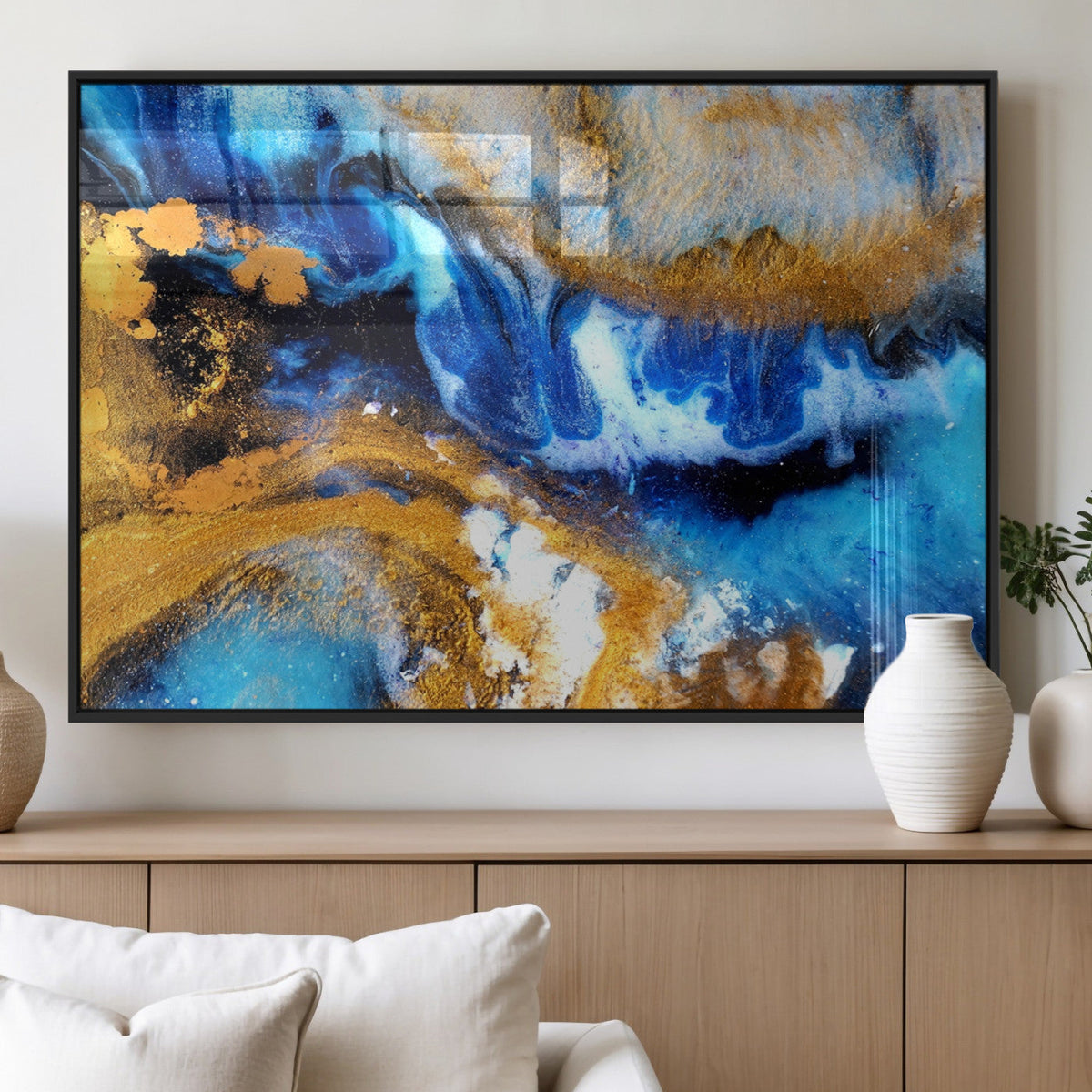 Blue Orange Marble Fluid Effect Canvas Wall Art Print