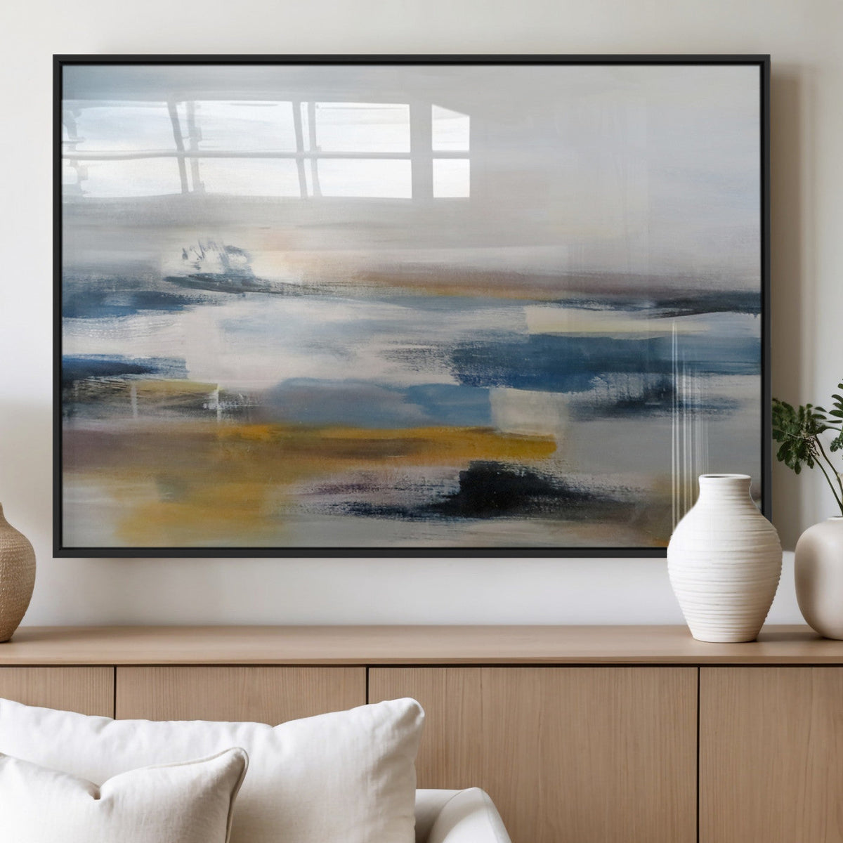 Abstract Landscape Wall Art Canvas | 3 Panel Modern Blue, Gold and White Canvas Art