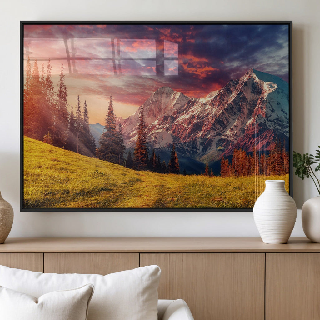 Mountain and Daylight Red Sunset Wall Art Canvas Print