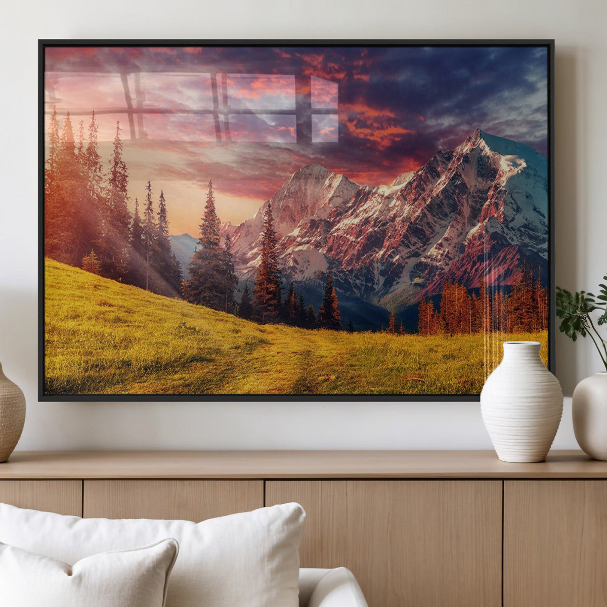 Mountain and Daylight Red Sunset Wall Art Canvas Print