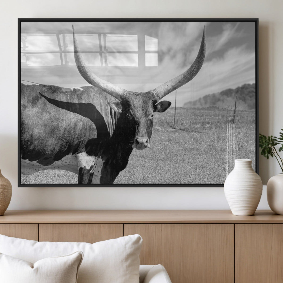 Longhorn Wall Art Canvas Print, Framed Ranch Wall Art Canvas Print