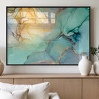Abstract Aqua and Gold Fluid Wall Art Canvas | 3 Panel Large Canvas Print