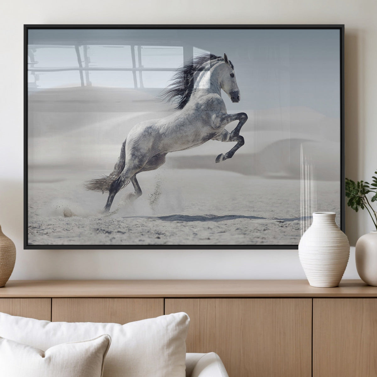 Prancing Horse Desert Large Wall Art Canvas Print, Majestic Horse Animal Artwork
