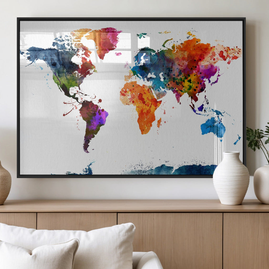 Bold Colorful World Map Canvas Print | Detailed Map of the World Wall Art