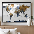 Modern Abstract World Map Canvas Wall Art | Framed Blue and Gold Map Print