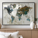 Vintage World Map Wall Art Canvas Print, Framed Rustic Earth Tone Map