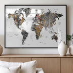 Modern Metallic World Map Canvas Wall Art | Framed Contemporary World Map Print