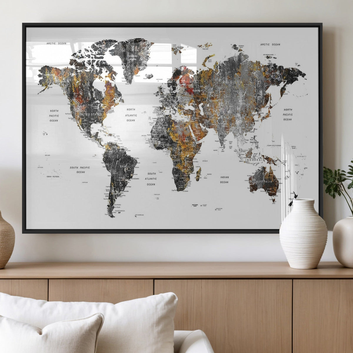 Modern Metallic World Map Canvas Wall Art | Framed Contemporary World Map Print
