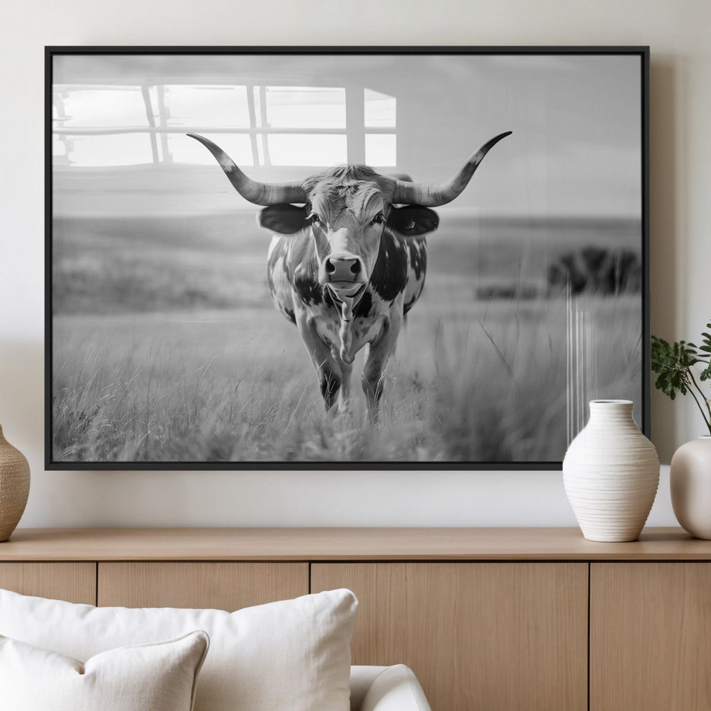 Texas Cow Longhorn Wall Art Canvas Print for Farm House Wall Art, Framed and Ready to Hang