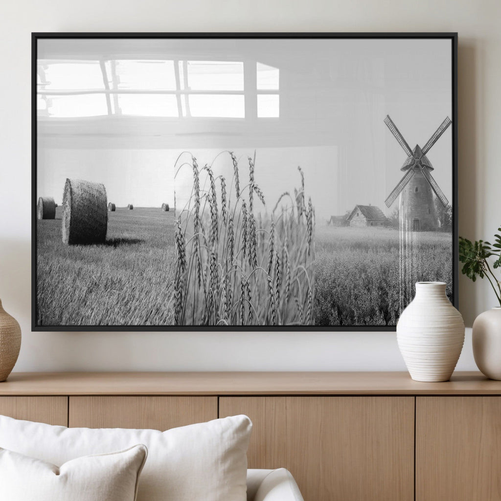 Vintage Farmhouse Black and White Triptych Wall Art, Giclee Canvas with Wheat Fields, Hay Bales and Windmill